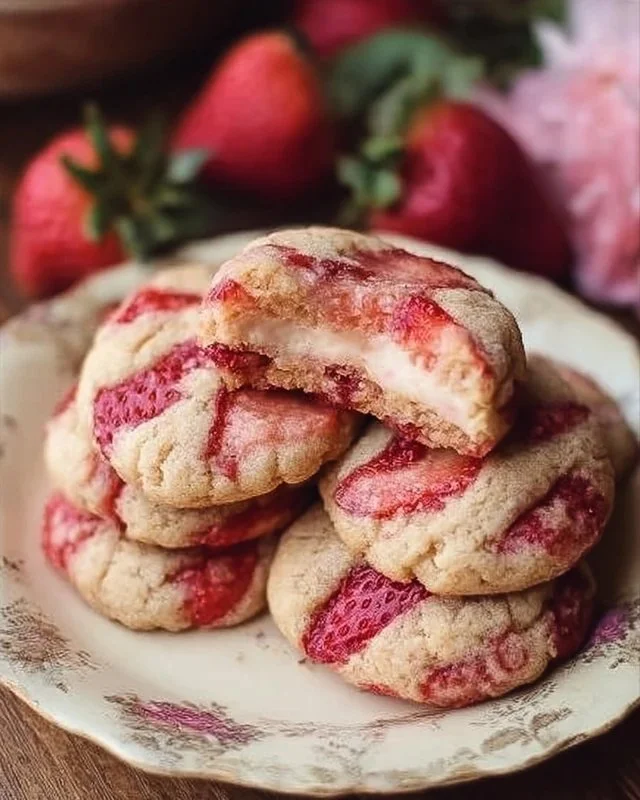 Delicious strawberry cheesecake cookies topped with fresh strawberries.