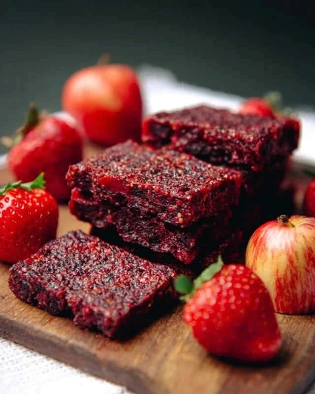 Strawberry Cherry Apple Chia Bars stacked on a wooden table