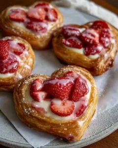 Delicious Strawberry Cream Cheese Heart Danishes on a baking tray