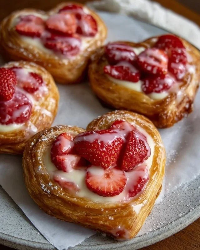 Delicious Strawberry Cream Cheese Heart Danishes on a baking tray