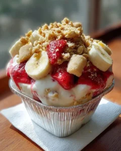 Strawberry crunch banana pudding in a glass dish, topped with fresh strawberries.