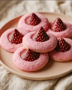 Plate of fresh strawberry kiss cookies with a strawberry on top