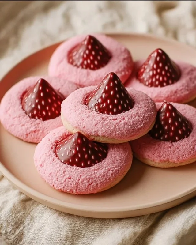 Plate of fresh strawberry kiss cookies with a strawberry on top