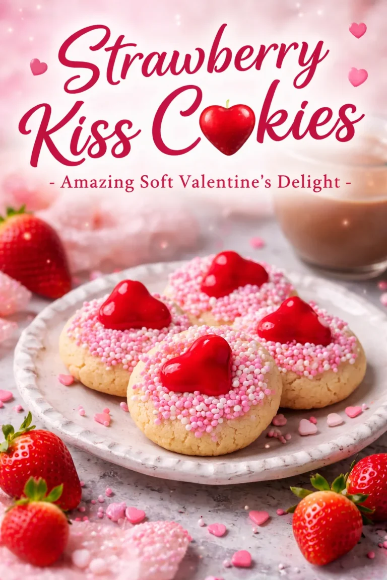 Soft Strawberry Kiss Cookies decorated with tantalizing chocolate kisses