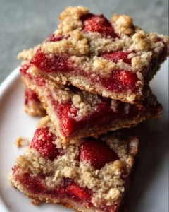 Delicious strawberry oatmeal bars on a wooden table