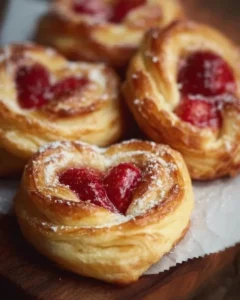 Strawberry Puff Pastry Danishes topped with fresh strawberries and glaze.