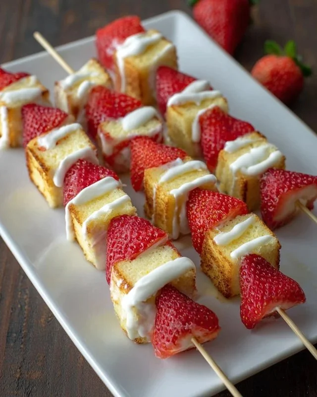 Delicious Strawberry Shortcake Kabobs with fresh strawberries and cake pieces.
