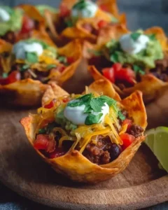 Baked Taco Cups filled with seasoned meat, cheese, and fresh toppings.