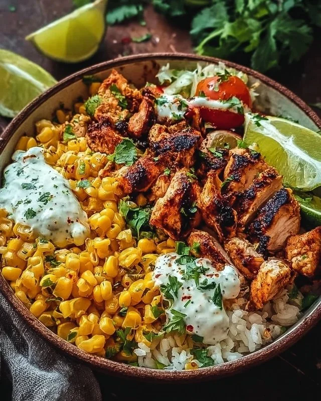 Delicious street corn chicken bowl with chicken, corn, and fresh toppings