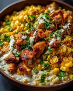 Delicious street corn chicken bowl with smoky and creamy toppings