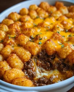 Delicious Tater Tot Casserole with ground beef topped with crispy tater tots