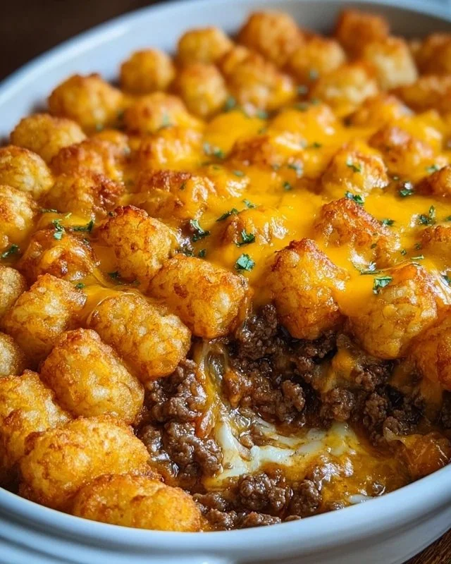 Delicious Tater Tot Casserole with ground beef topped with crispy tater tots