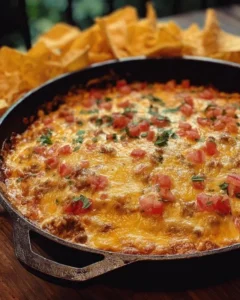 A bowl of Texas Trash Dip topped with cheese and served with tortilla chips.