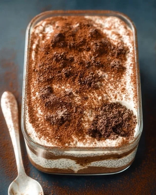 A delicious bowl of tiramisu chia pudding topped with cocoa and coffee