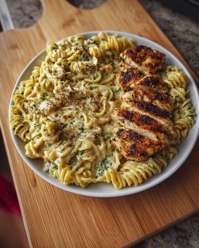 Plate of creamy garlic parmesan chicken pasta topped with parsley and parmesan cheese