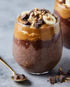 Delicious peanut butter chocolate chia pudding in a bowl topped with chia seeds.
