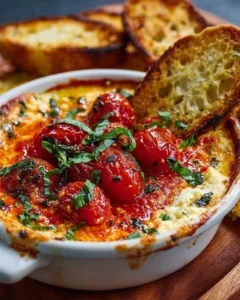 Creamy three-cheese tomato bruschetta dip served with toasted bread