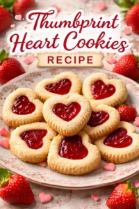Delicious thumbprint heart cookies with jam centers, perfect for sharing.
