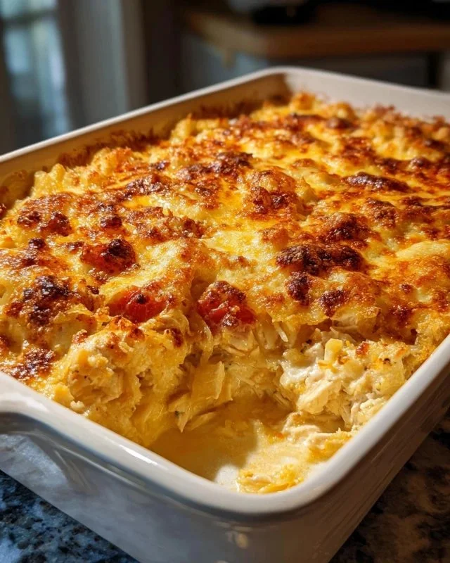 Delicious chicken casserole topped with creamy sauce and baked to perfection