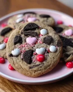 Valentine's Day Oreo M&M's cookies on a pink plate with heart-shaped decorations