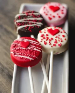 Valentine's Day themed Oreo Pops decorated with pink and red sprinkles