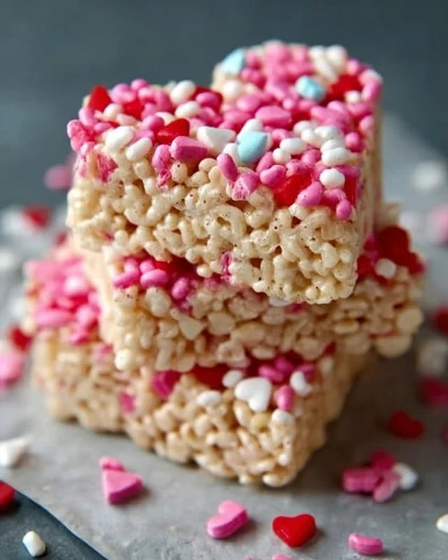 Valentine's themed Rice Crispy Treats with heart shapes and pink decorations.