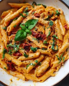 Vegan creamy sun dried tomato pasta dish garnished with fresh herbs