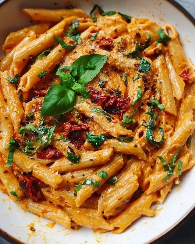 Vegan creamy sun dried tomato pasta dish garnished with fresh herbs
