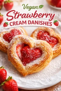 Vegan Strawberry Cream Danishes served on a plate with fresh strawberries