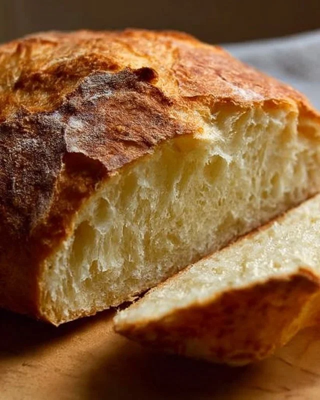 Loaf of artisan no-knead yeast bread fresh out of the oven