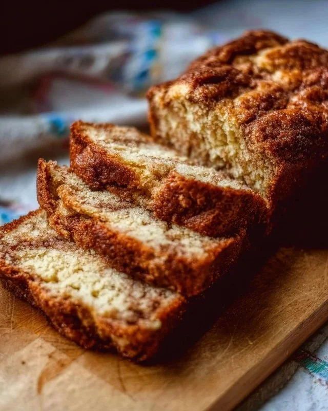 Loaf of freshly baked Amish Cinnamon Bread with cinnamon swirl topping