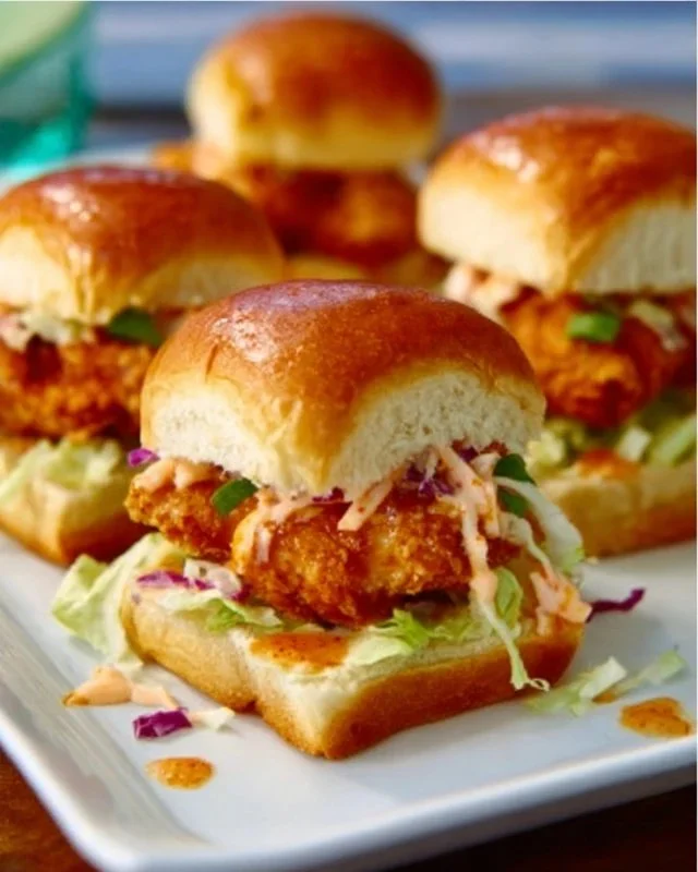 Delicious Bang Bang Chicken Sliders served on a platter with toppings