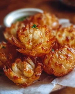 Bite-sized blooming onions served with dipping sauce on a platter