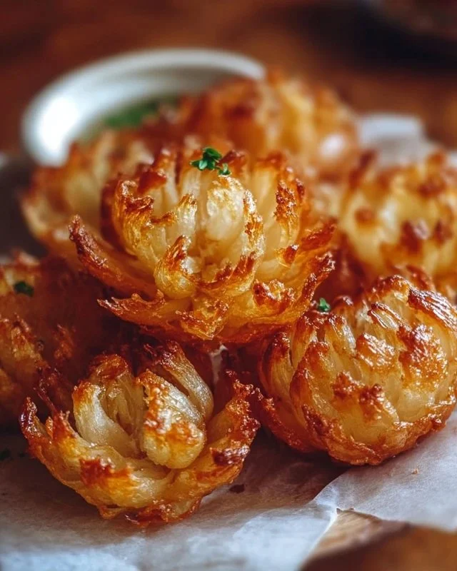 Bite-sized blooming onions served with dipping sauce on a platter