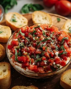 Bruschetta dip served with crispy bread and fresh ingredients.