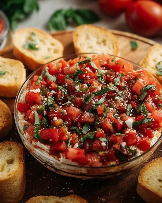 Bruschetta dip served with crispy bread and fresh ingredients.
