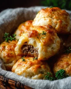 Cheesy beef biscuit bombs filled with melted cheese and savory beef.