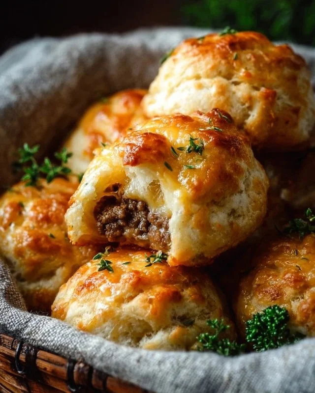 Cheesy beef biscuit bombs filled with melted cheese and savory beef.