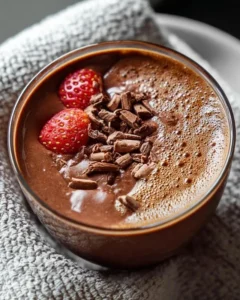 Delicious bowl of chocolate protein pudding topped with cocoa and nuts