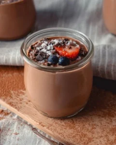 Delicious chocolate protein pudding in a bowl, topped with berries