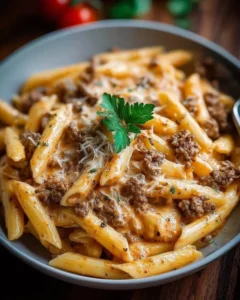 A delicious bowl of creamy beef pasta topped with parsley and grated cheese.