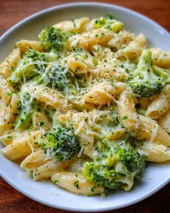Creamy cheesy broccoli pasta dish served in a bowl, garnished with herbs.
