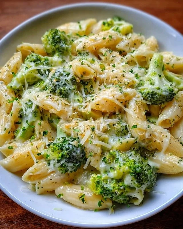 Creamy cheesy broccoli pasta dish served in a bowl, garnished with herbs.