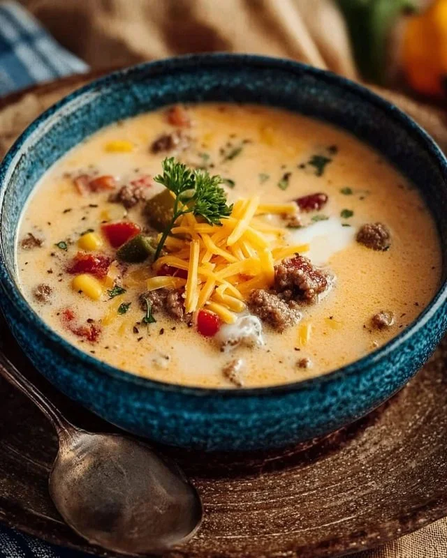 Bowl of creamy cowboy soup garnished with herbs and vegetables