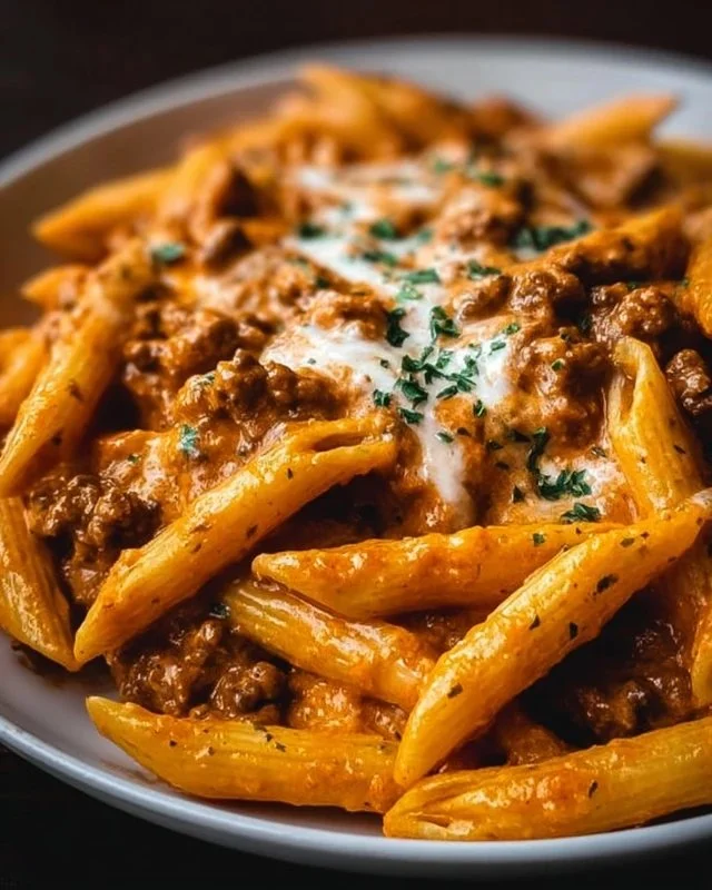 Creamy high protein beef pasta with fresh ingredients in a bowl