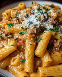 Creamy Italian sausage rigatoni served in a bowl with herbs