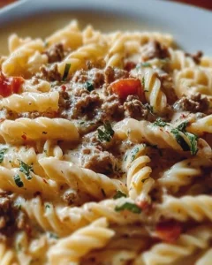 Creamy Rotel pasta with ground beef served in a bowl, perfect for weeknight dinners.