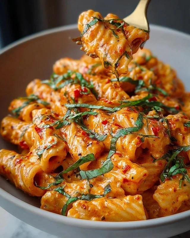 Bowl of creamy tomato garlic pasta topped with fresh herbs