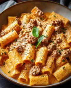 Creamy tomato garlic pasta topped with fresh basil and grated parmesan
