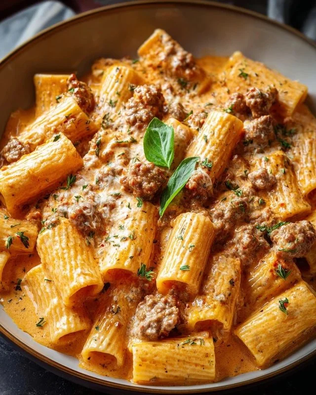 Creamy tomato garlic pasta topped with fresh basil and grated parmesan